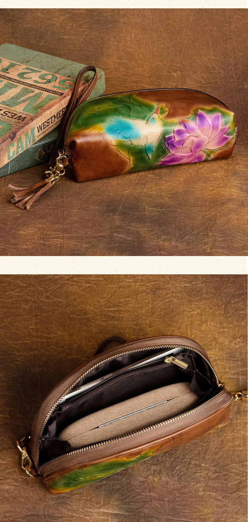 Handmade Lotus Flower Red Leather Wristlet Wallet Womens Zip Around Wallets Flowers Ladies Zipper Clutch Wallet for Women