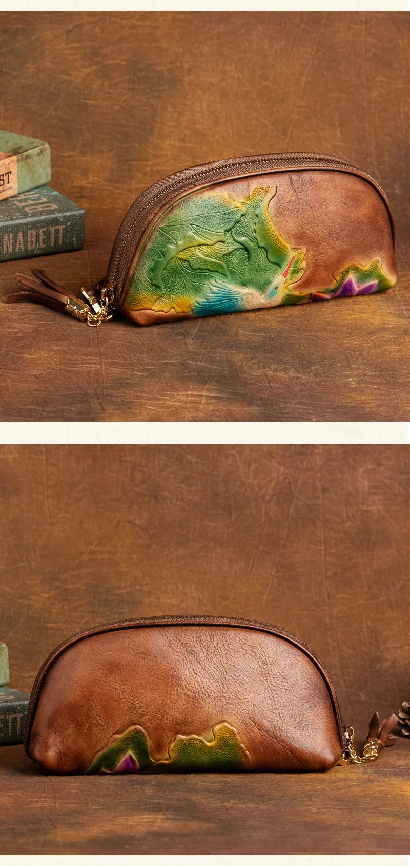 Handmade Lotus Flower Red Leather Wristlet Wallet Womens Zip Around Wallets Flowers Ladies Zipper Clutch Wallet for Women