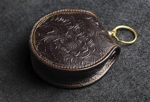Handmade makeup leather round change coin wallet flowral leather billfold wallet for men women