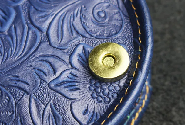 Handmade makeup leather round change coin wallet flowral leather billfold wallet for men women