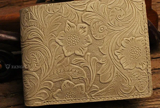 Handmade small leather wallets flowral leather billfold wallet for men women