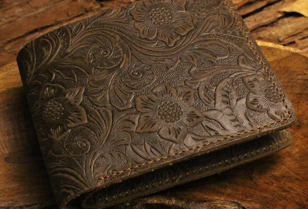 Handmade small leather wallets flowral leather billfold wallet for men women