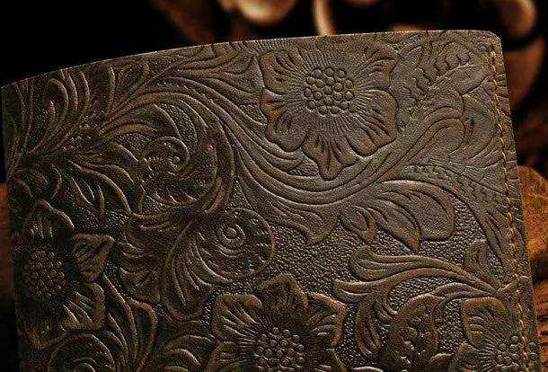 Handmade small leather wallets flowral leather billfold wallet for men women