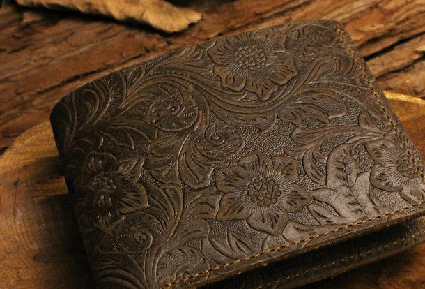 Handmade small leather wallets flowral leather billfold wallet for men women
