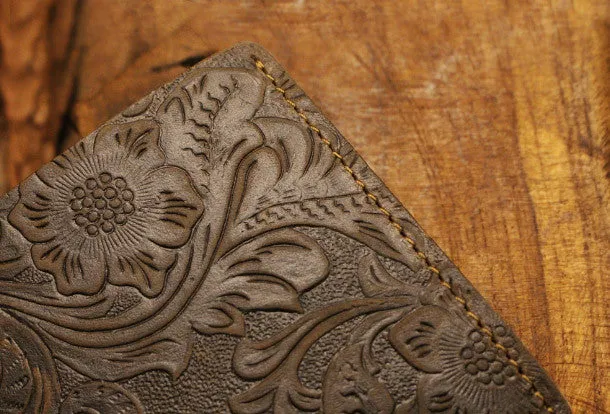 Handmade small leather wallets flowral leather billfold wallet for men women