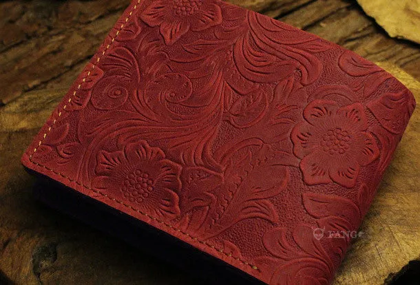 Handmade small leather wallets flowral leather billfold wallet for men women