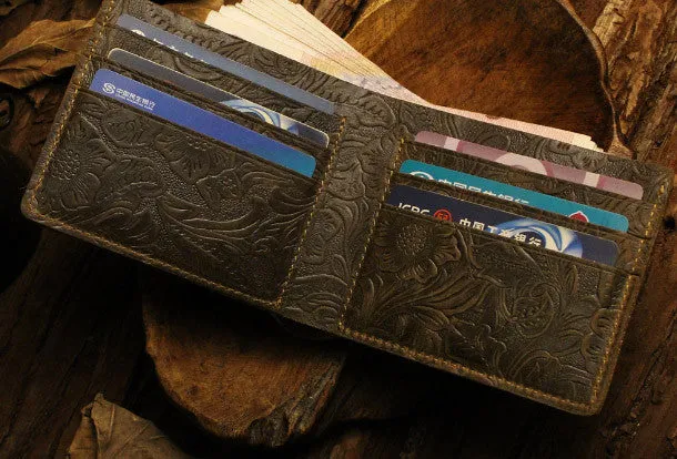 Handmade small leather wallets flowral leather billfold wallet for men women
