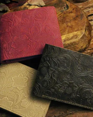 Handmade small leather wallets flowral leather billfold wallet for men women