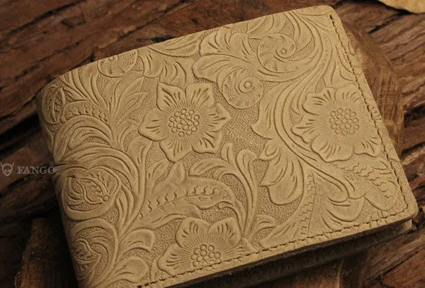 Handmade small leather wallets flowral leather billfold wallet for men women