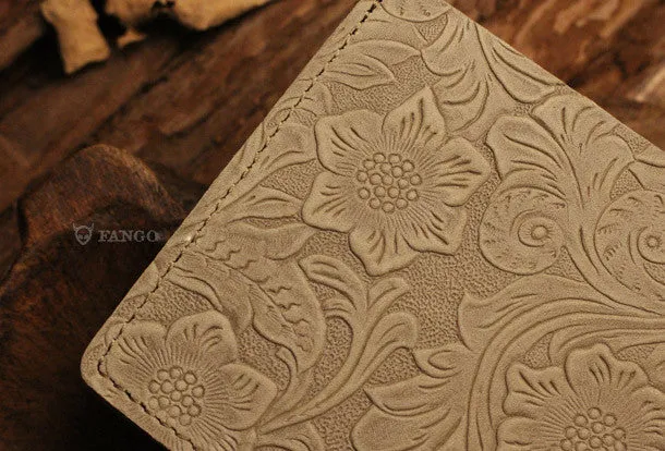 Handmade small leather wallets flowral leather billfold wallet for men women