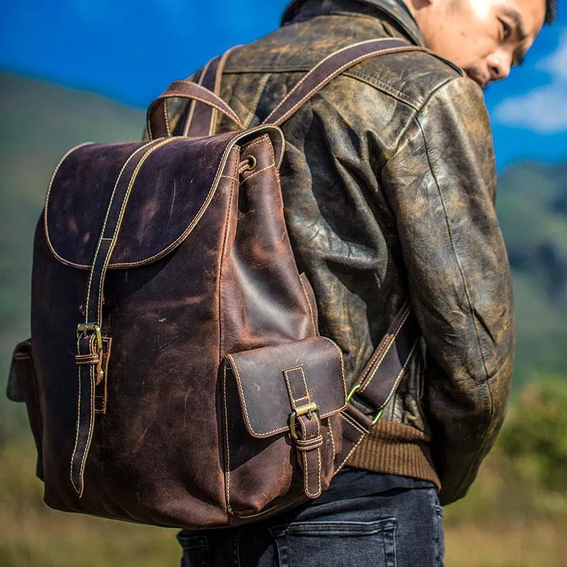 Handmade Vintage Leather Coffee Mens Cool Leather Backpack Travel Bag for men