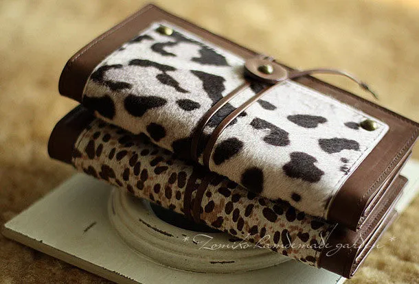 Handmade vintage leopard print cilice leather long bifold wallet for women/lady