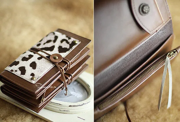 Handmade vintage leopard print cilice leather long bifold wallet for women/lady