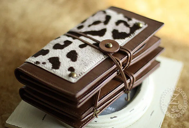 Handmade vintage leopard print cilice leather long bifold wallet for women/lady