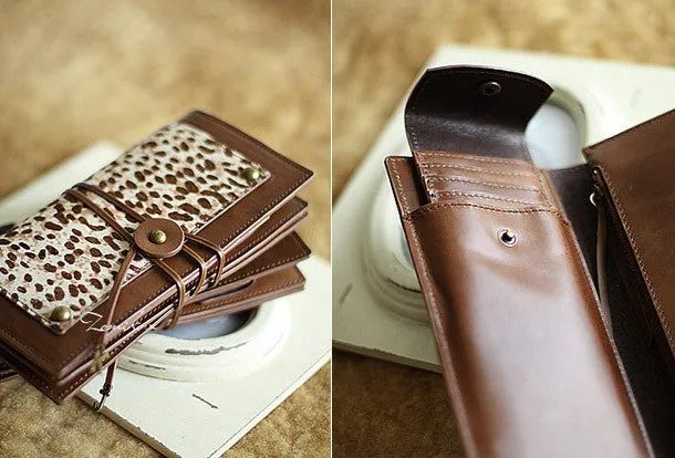 Handmade vintage leopard print cilice leather long bifold wallet for women/lady