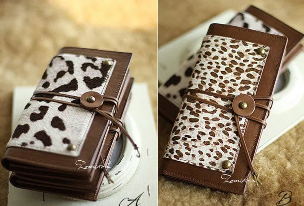 Handmade vintage leopard print cilice leather long bifold wallet for women/lady