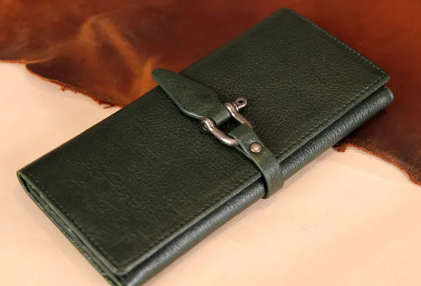 Handmade vintage purse leather wallet long wallet clutch wallet green beige women
