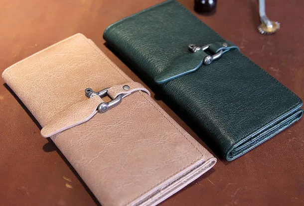 Handmade vintage purse leather wallet long wallet clutch wallet green beige women