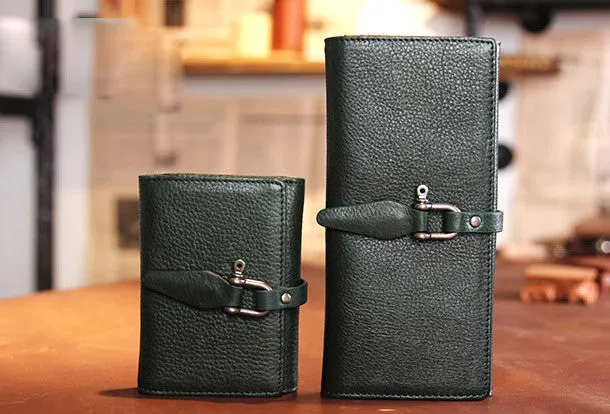 Handmade vintage purse leather wallet long wallet clutch wallet green beige women
