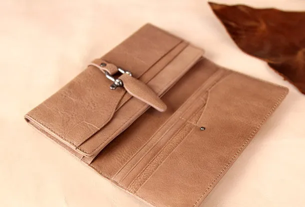 Handmade vintage purse leather wallet long wallet clutch wallet green beige women