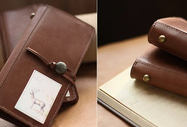 Handmade vintage rustic sweet stamp leather long bifold wallet for women/lady girl