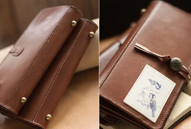 Handmade vintage rustic sweet stamp leather long bifold wallet for women/lady girl