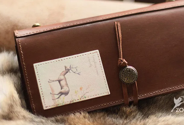 Handmade vintage rustic sweet stamp leather long bifold wallet for women/lady girl