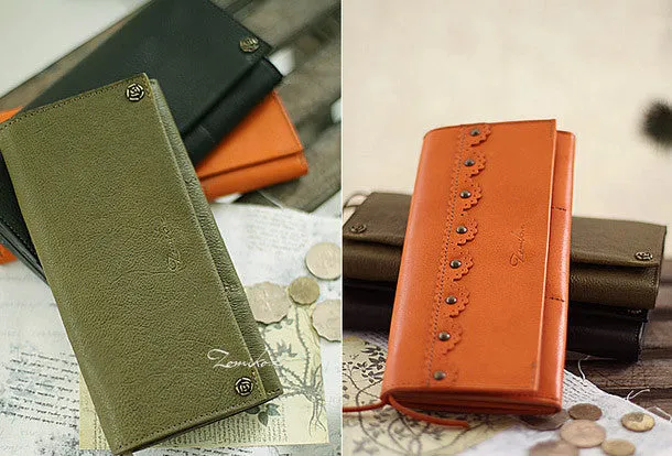 Handmade vintage womens leather long wallets Long bifold wallet for women