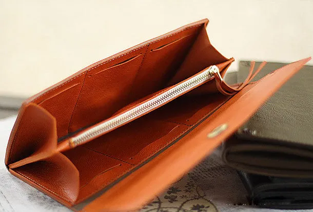 Handmade vintage womens leather long wallets Long bifold wallet for women