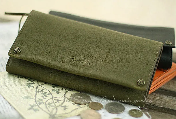 Handmade vintage womens leather long wallets Long bifold wallet for women