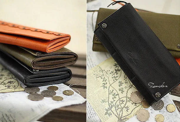 Handmade vintage womens leather long wallets Long bifold wallet for women
