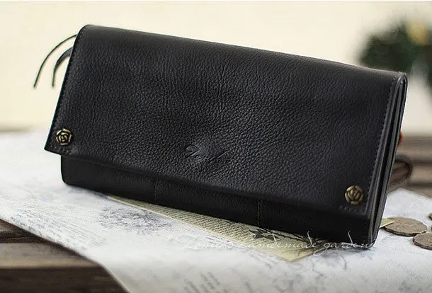 Handmade vintage womens leather long wallets Long bifold wallet for women