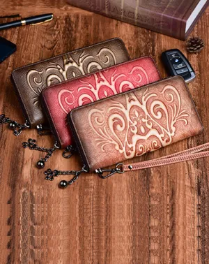Handmade Womens Floral Leather Zip Around Wallet Wristlet Wallet Floral Ladies Zipper Clutch Wallet for Women