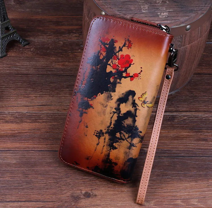 Handmade Womens Leather Zip Around Wallet Plum Blossom Wash Painting Flowers Wristlet Wallet Ladies Zipper Clutch Wallet for Women
