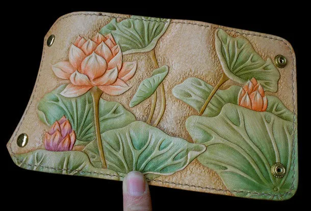 Handmade Womens Long Wallet tooled lotus flower leather long wallet for women