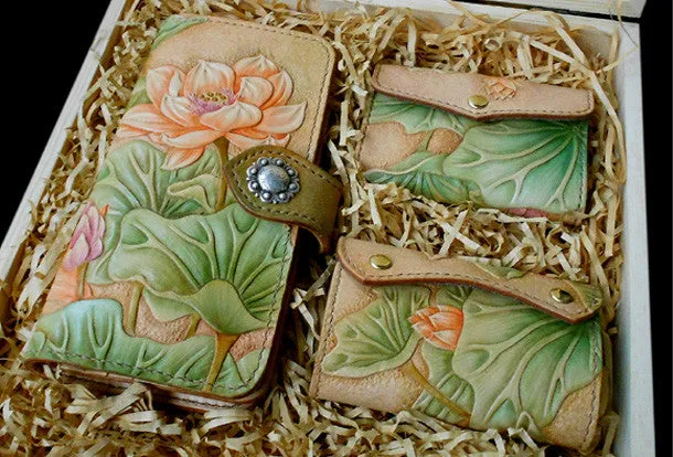Handmade Womens Long Wallet tooled lotus flower leather long wallet for women