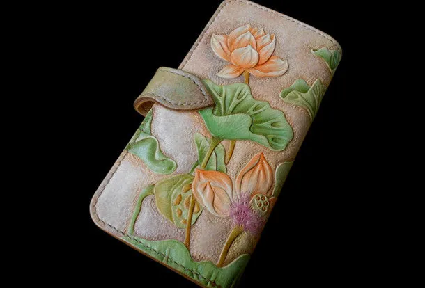 Handmade Womens Long Wallet tooled lotus flower leather long wallet for women