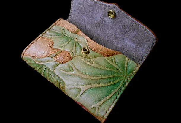 Handmade Womens Long Wallet tooled lotus flower leather long wallet for women