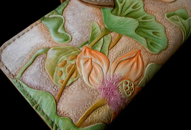 Handmade Womens Long Wallet tooled lotus flower leather long wallet for women
