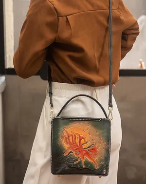 Handmade Womens Tooled Leather Square Handbag Purse Fox Crossbody Bag for Women