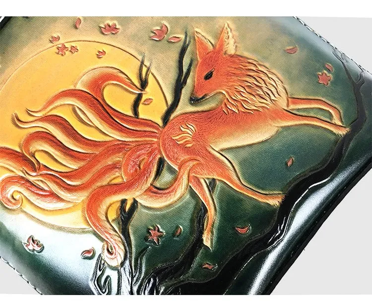 Handmade Womens Tooled Leather Square Handbag Purse Fox Crossbody Bag for Women