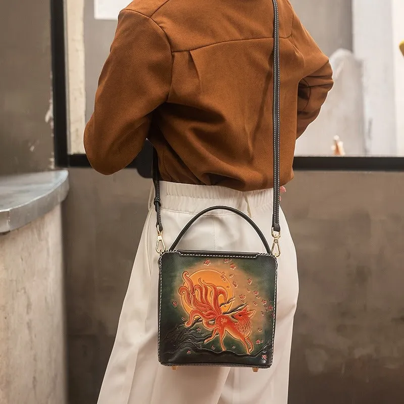 Handmade Womens Tooled Leather Square Handbag Purse Fox Crossbody Bag for Women