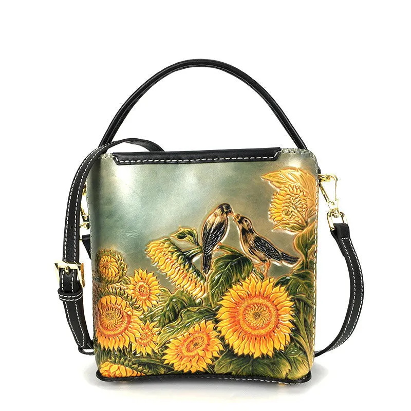 Handmade Womens Tooled Leather Square Handbag Purse SunFlower Crossbody Bag for Women