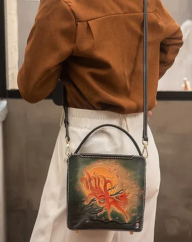 Handmade Womens Tooled Leather Square Handbag Purse SunFlower Crossbody Bag for Women