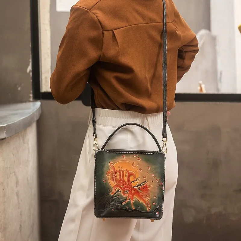 Handmade Womens Tooled Leather Square Handbag Purse SunFlower Crossbody Bag for Women