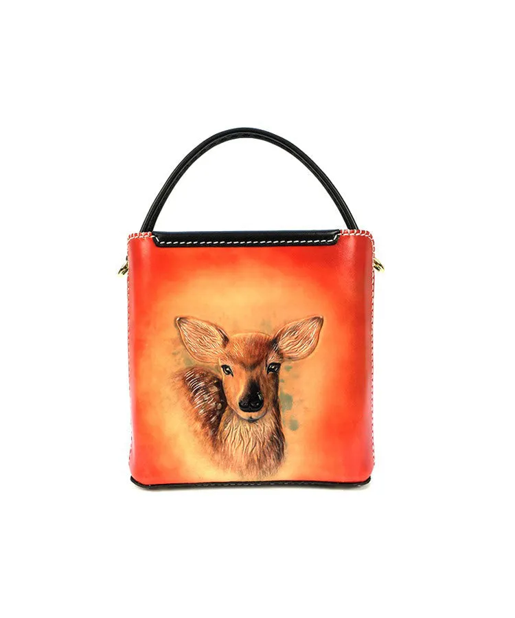 Handmade Womens Tooled Leather Square Handbag Purse SunFlower Crossbody Bag for Women