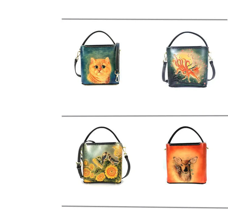 Handmade Womens Tooled Leather Square Handbag Purse SunFlower Crossbody Bag for Women