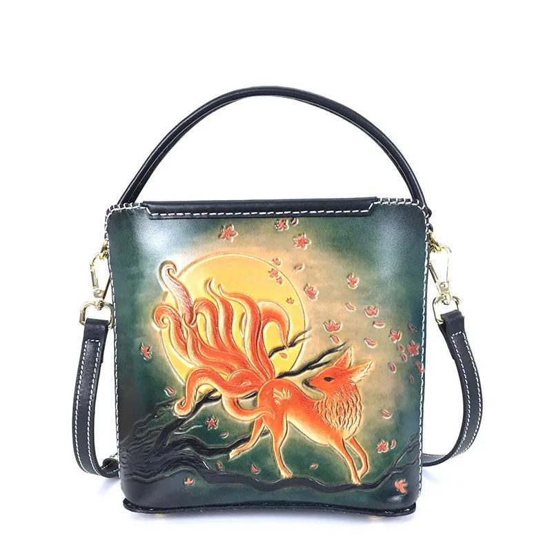 Handmade Womens Tooled Leather Square Handbag Purse SunFlower Crossbody Bag for Women