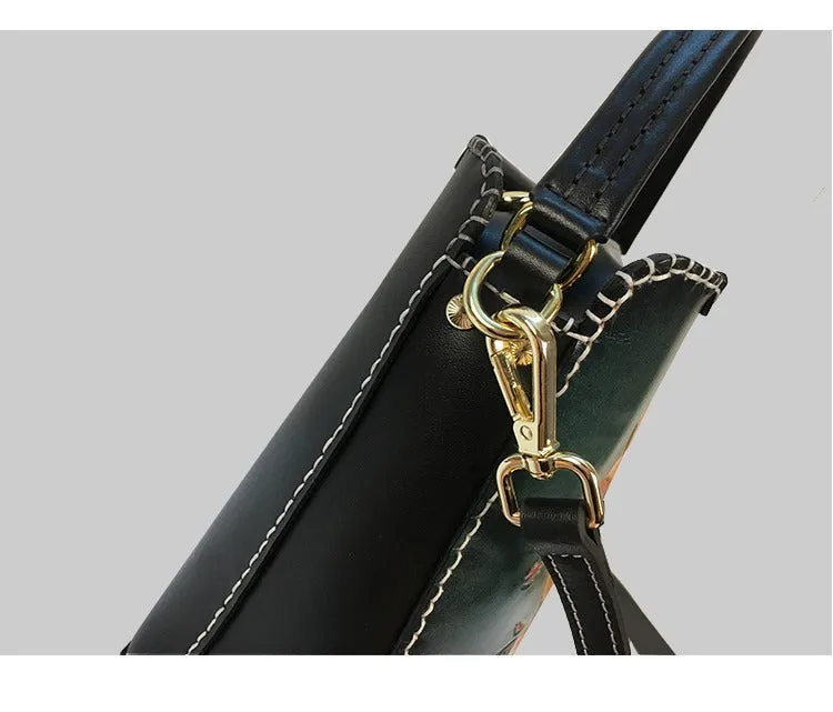 Handmade Womens Tooled Leather Square Handbag Purse SunFlower Crossbody Bag for Women