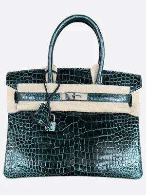 Hermes Vert Green Shiny Porous Crocodile Birkin 30